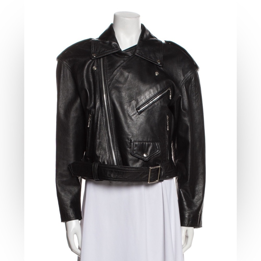 Erez Black Leather Moto Motorcycle Zipper Pocket Belted Biker Jacket Size XS